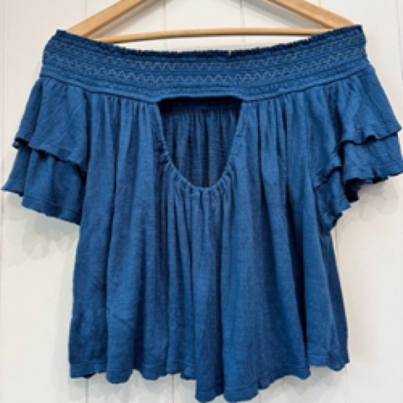 Blue Off-Shoulder Ruffle Top - Picture 2 of 3